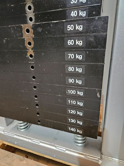 Lat pulldown from above with carabiner, 140kg weight block, lat pulldown, old school bodybuilding, similar to Gym80, Galaxay, frame color silver, used with signs of wear
