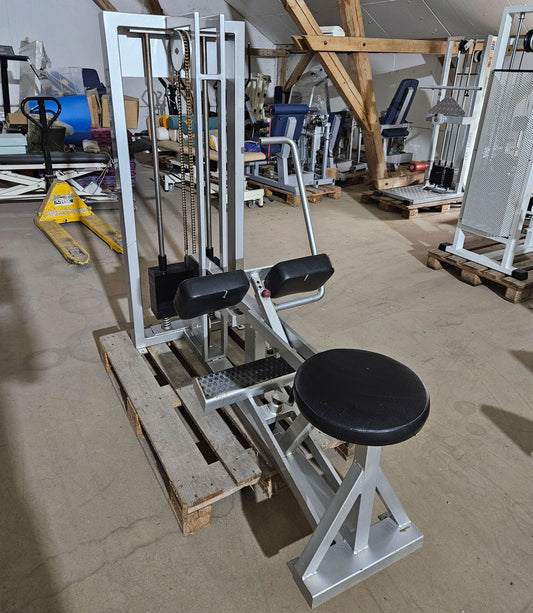 Galaxy Wadenmaschine, sitzend, Seated Calf, Oldschool Bodybuilding Kraftgerät, Rahmen Silber, gebraucht mit Gebrauchsspuren