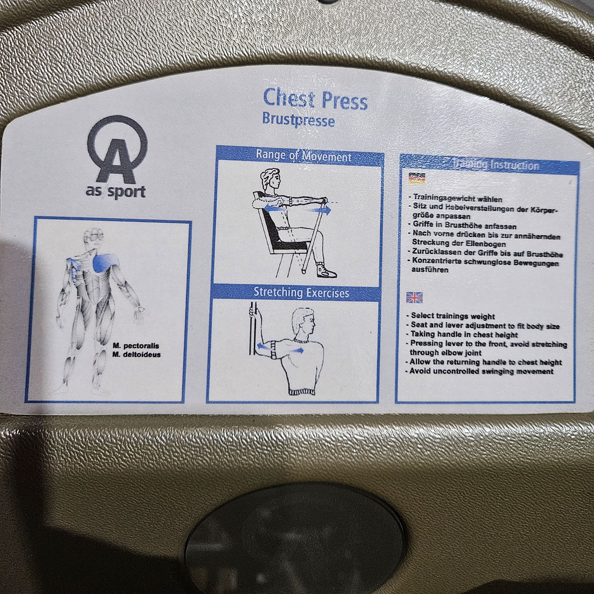 AS Sport bzw Proxowell Bankdrückmaschine, Brustpresse, Chestpress, Rahmenfarbe Silber, gebraucht mit Gebrauchsspuren