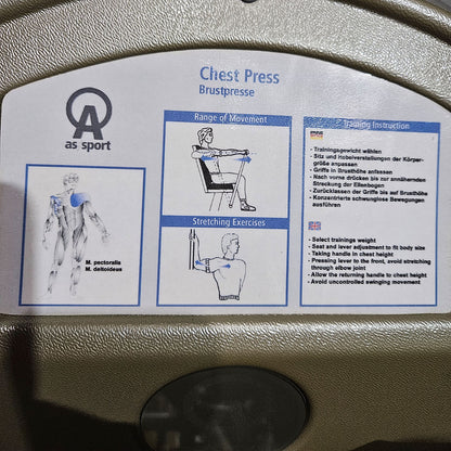 AS Sport bzw Proxowell Bankdrückmaschine, Brustpresse, Chestpress, Rahmenfarbe Silber, gebraucht mit Gebrauchsspuren
