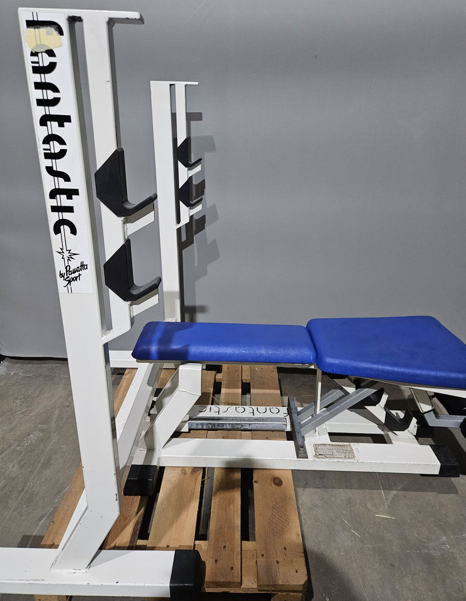 Panatta Hantelbank 3 in 1, Flachdrückerbank, Negativdrückerbank und Bauchbank in einem Gerät, Bankdrücken Fantastic, Oldschool Bodybuilding, Rahmenfarbe Weiß, gebraucht mit Gebrauchsspuren