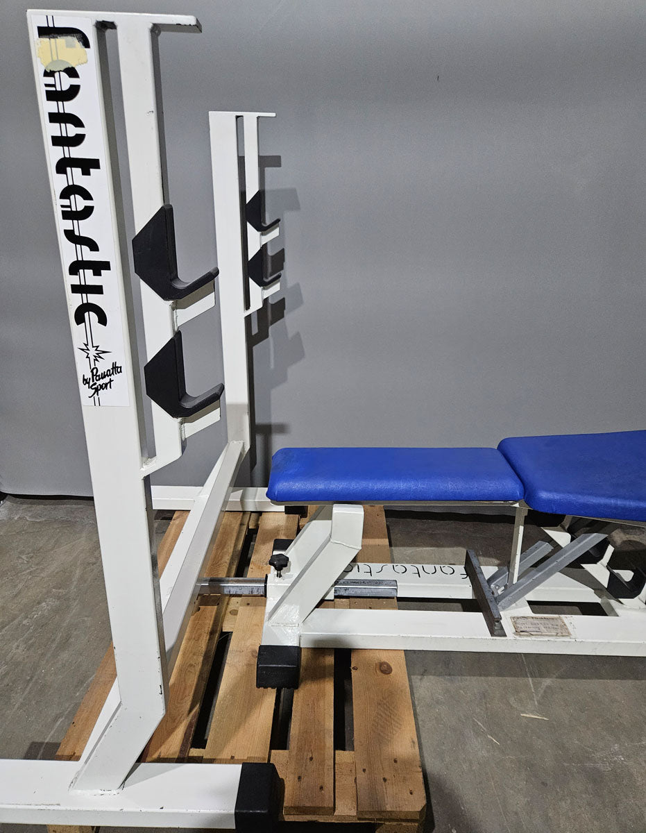 Panatta Hantelbank 3 in 1, Flachdrückerbank, Negativdrückerbank und Bauchbank in einem Gerät, Bankdrücken Fantastic, Oldschool Bodybuilding, Rahmenfarbe Weiß, gebraucht mit Gebrauchsspuren
