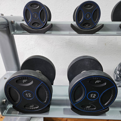 Matrix bzw Franziski Sport PU Polyurethan Kurzhantelsatz von 2 bis 20kg in 2kg Stufen ( 10 Paare ) Farbe Schwarz-Blau, inkl. Matrix Kurzhantelablage (sehr stabil), gebraucht - sehr guter Zustand