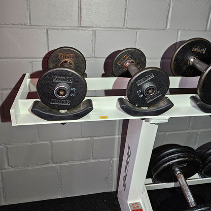 Gym80 Kurzhantelsatz aus Guss von 2,5 bis 40kg in 2,5kg Stufen ( 16 Paare ) Oldschool, Gym80 Kurzhantelablage gegen Aufpreis verfügbar, gebraucht - mit Gebrauchsspuren