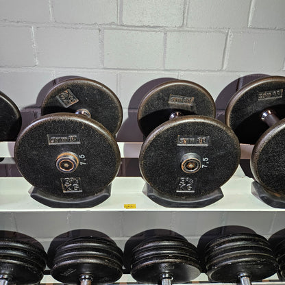 Gym80 Kurzhantelsatz aus Guss von 2,5 bis 40kg in 2,5kg Stufen ( 16 Paare ) Oldschool, Gym80 Kurzhantelablage gegen Aufpreis verfügbar, gebraucht - mit Gebrauchsspuren