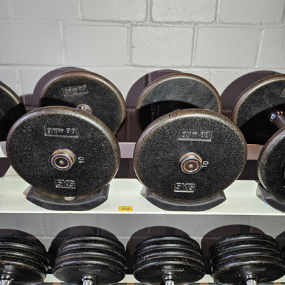 Gym80 Kurzhantelsatz aus Guss von 2,5 bis 40kg in 2,5kg Stufen ( 16 Paare ) Oldschool, Gym80 Kurzhantelablage gegen Aufpreis verfügbar, gebraucht - mit Gebrauchsspuren