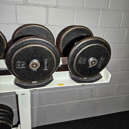 Gym80 Kurzhantelsatz aus Guss von 2,5 bis 40kg in 2,5kg Stufen ( 16 Paare ) Oldschool, Gym80 Kurzhantelablage gegen Aufpreis verfügbar, gebraucht - mit Gebrauchsspuren