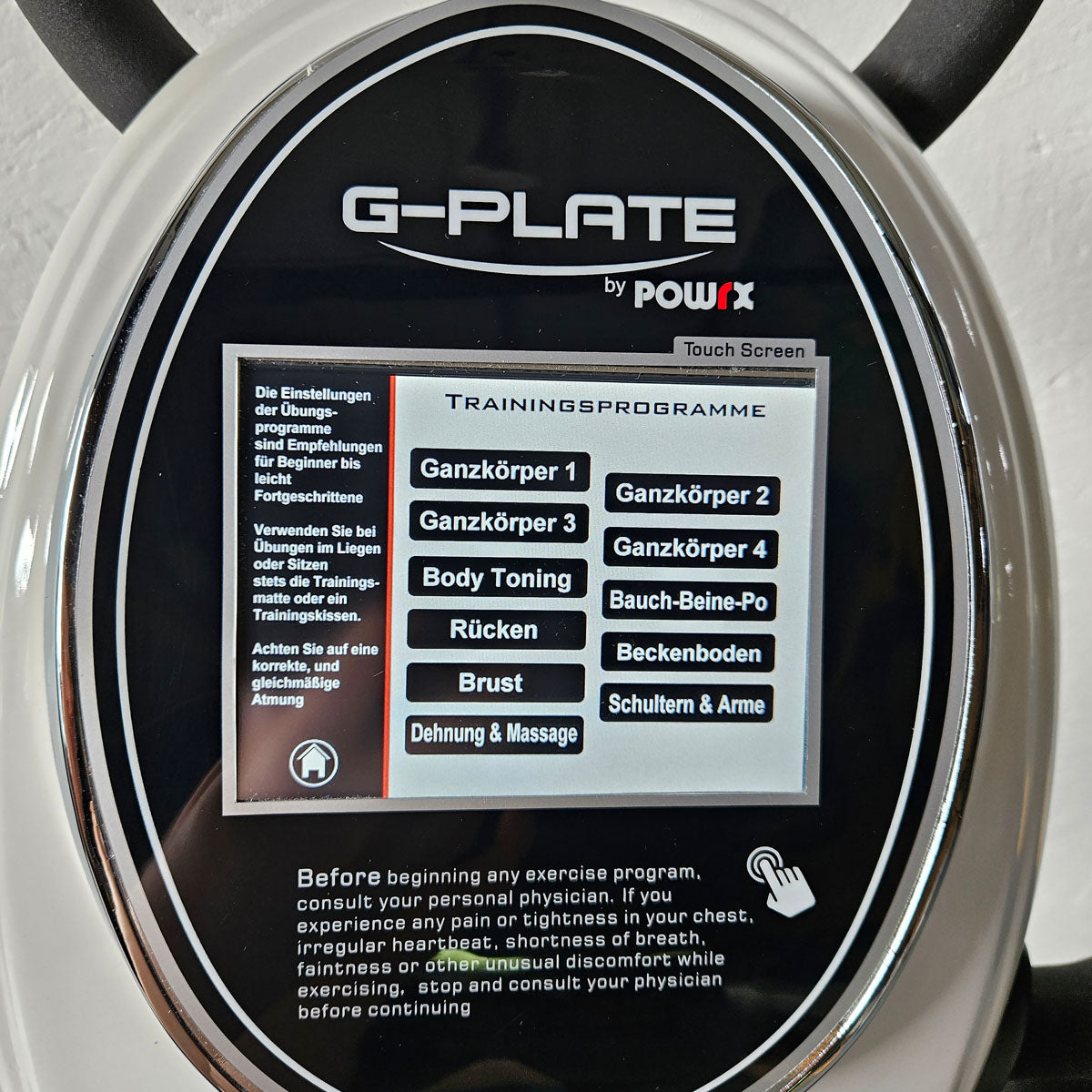 G-Plate by POWRX, vibration plate with air suspension, touchscreen display, color white, used - tested condition