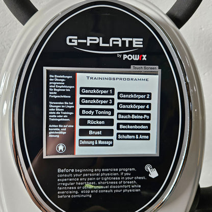 G-Plate by POWRX, vibration plate with air suspension, touchscreen display, color white, used - tested condition