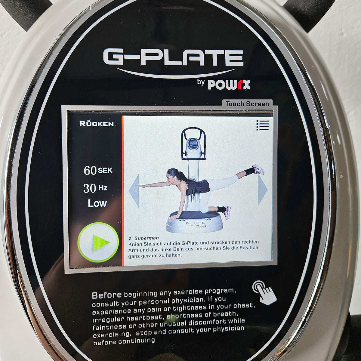 G-Plate by POWRX, vibration plate with air suspension, touchscreen display, color white, used - tested condition