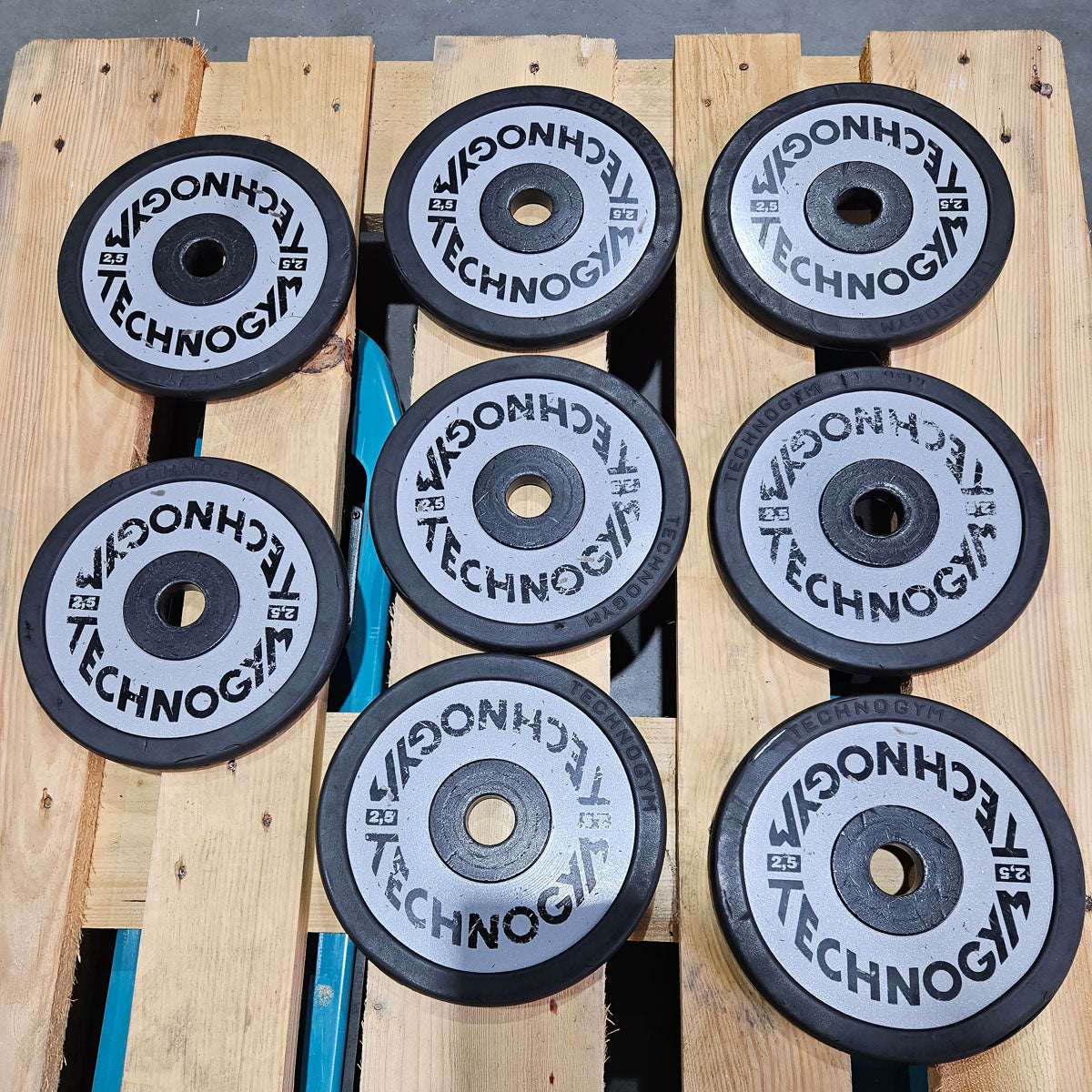 Technogym various weight plates, 230 kg total, 28 mm diameter, cast with rubber outer, 2.5 kg - 5 kg - 10 kg and 20 kg plates, used with signs of wear