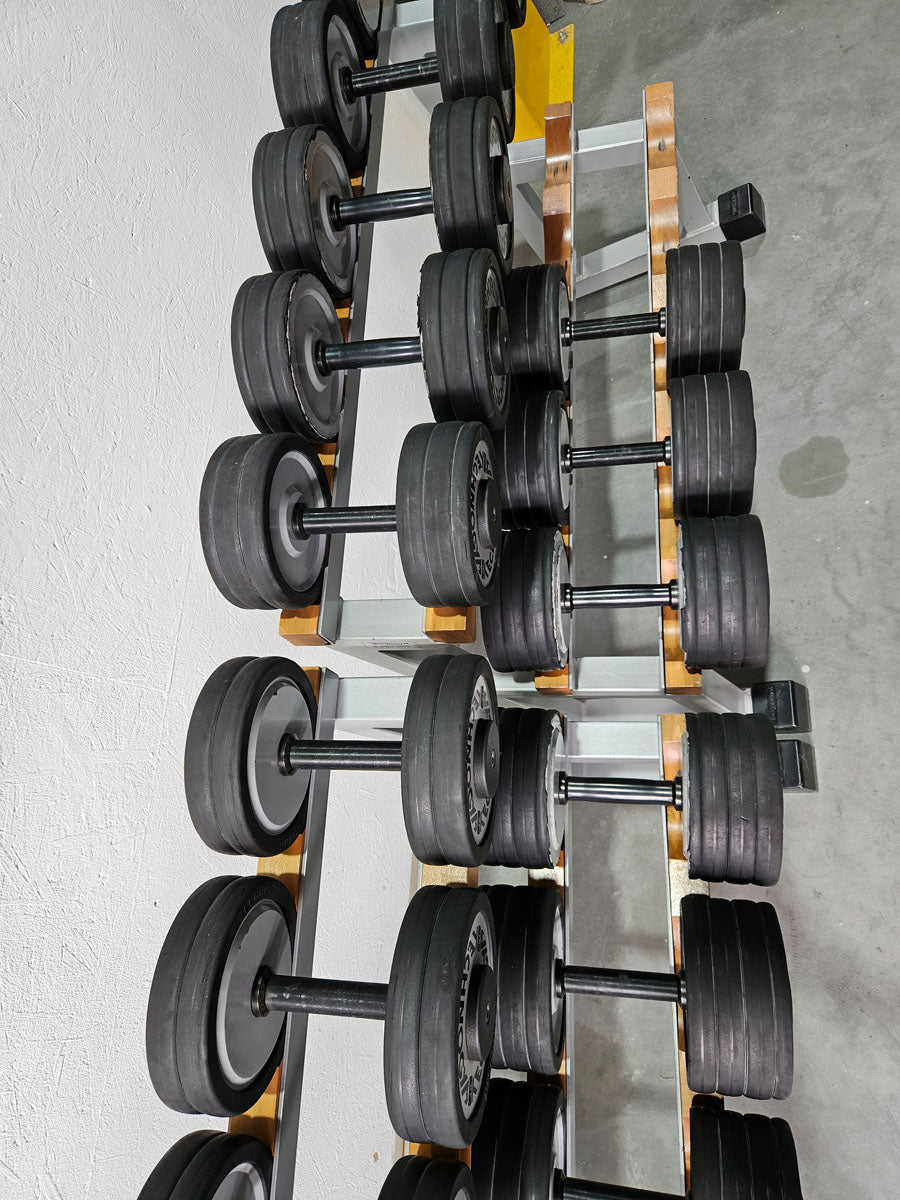 Technogym Kurzhantelsatz aus Guss mit Gummi Außenringen von 12 bis 40kg in 2kg Stufen ( 17 Paare ) + einige Paare doppelt Oldschool, Inkl. Kurzhantelablagen, gebraucht - mit Gebrauchsspuren