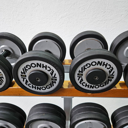 Technogym Kurzhantelsatz aus Guss mit Gummi Außenringen von 12 bis 40kg in 2kg Stufen ( 17 Paare ) + einige Paare doppelt Oldschool, Inkl. Kurzhantelablagen, gebraucht - mit Gebrauchsspuren