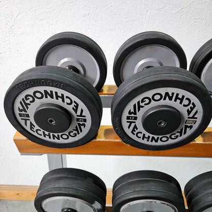 Technogym Kurzhantelsatz aus Guss mit Gummi Außenringen von 12 bis 30kg in 2kg Stufen ( 10 Paare ) Oldschool, Inkl. Kurzhantelablage, gebraucht - mit Gebrauchsspuren