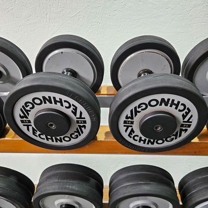Technogym Kurzhantelsatz aus Guss mit Gummi Außenringen von 12 bis 30kg in 2kg Stufen ( 10 Paare ) Oldschool, Inkl. Kurzhantelablage, gebraucht - mit Gebrauchsspuren