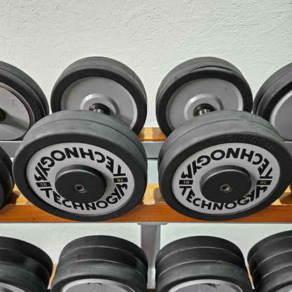 Technogym Kurzhantelsatz aus Guss mit Gummi Außenringen von 12 bis 30kg in 2kg Stufen ( 10 Paare ) Oldschool, Inkl. Kurzhantelablage, gebraucht - mit Gebrauchsspuren