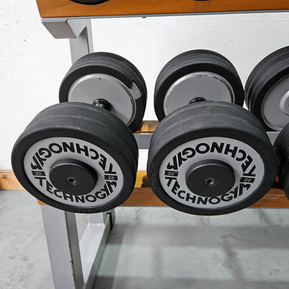 Technogym Kurzhantelsatz aus Guss mit Gummi Außenringen von 12 bis 30kg in 2kg Stufen ( 10 Paare ) Oldschool, Inkl. Kurzhantelablage, gebraucht - mit Gebrauchsspuren