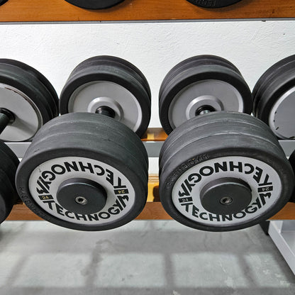 Technogym Kurzhantelsatz aus Guss mit Gummi Außenringen von 12 bis 30kg in 2kg Stufen ( 10 Paare ) Oldschool, Inkl. Kurzhantelablage, gebraucht - mit Gebrauchsspuren
