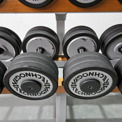 Technogym Kurzhantelsatz aus Guss mit Gummi Außenringen von 12 bis 30kg in 2kg Stufen ( 10 Paare ) Oldschool, Inkl. Kurzhantelablage, gebraucht - mit Gebrauchsspuren