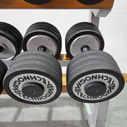 Technogym Kurzhantelsatz aus Guss mit Gummi Außenringen von 12 bis 30kg in 2kg Stufen ( 10 Paare ) Oldschool, Inkl. Kurzhantelablage, gebraucht - mit Gebrauchsspuren