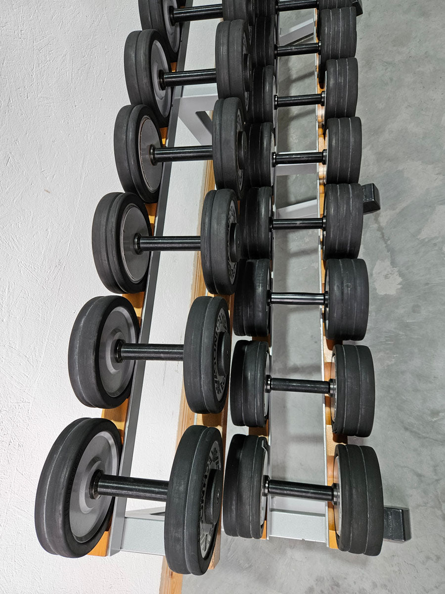 Technogym Kurzhantelsatz aus Guss mit Gummi Außenringen von 12 bis 30kg in 2kg Stufen ( 10 Paare ) Oldschool, Inkl. Kurzhantelablage, gebraucht - mit Gebrauchsspuren