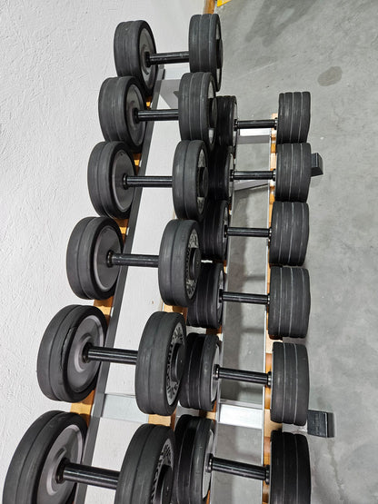 Technogym Kurzhantelsatz aus Guss mit Gummi Außenringen von 12 bis 30kg in 2kg Stufen ( 10 Paare ) Oldschool, Inkl. Kurzhantelablage, gebraucht - mit Gebrauchsspuren
