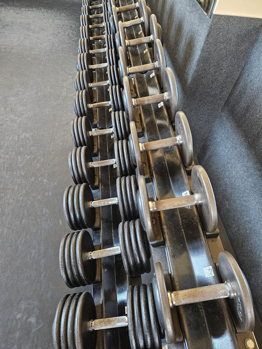 ElbeSport cast iron dumbbell set from 2.5 to 60 kg in 2.5 kg increments (24 pairs) Oldschool, INCLUDING dumbbell racks, used - with signs of wear