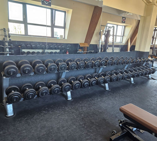 ElbeSport Kurzhantelsatz aus Guss von 2,5 bis 60kg in 2,5kg Stufen ( 24 Paare ) Oldschool, INKLUSIVE Kurzhantelablagen, gebraucht - mit Gebrauchsspuren