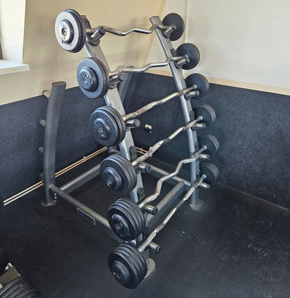 SZ Langhantel Kompakt Set 25kg bis 50kg in 5kg Schritten, 6 Stück gesamt, ähnlich Kurzhanteln mit SZ Stange, inkl. Ständer Elbesport, gebraucht mit Gebrauchsspuren