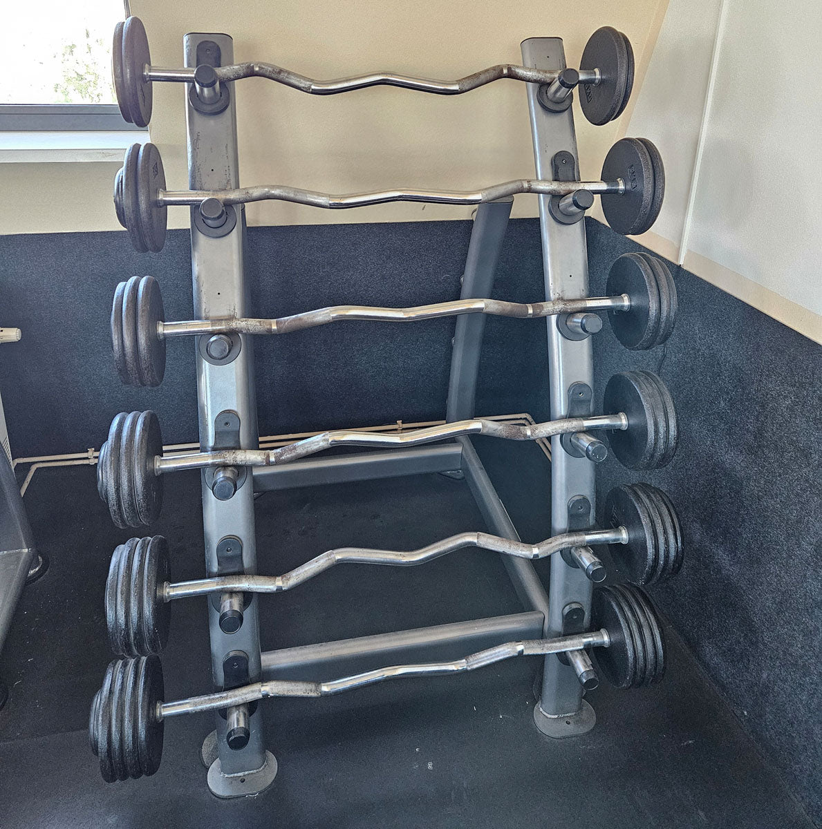SZ Langhantel Kompakt Set 25kg bis 50kg in 5kg Schritten, 6 Stück gesamt, ähnlich Kurzhanteln mit SZ Stange, inkl. Ständer Elbesport, gebraucht mit Gebrauchsspuren