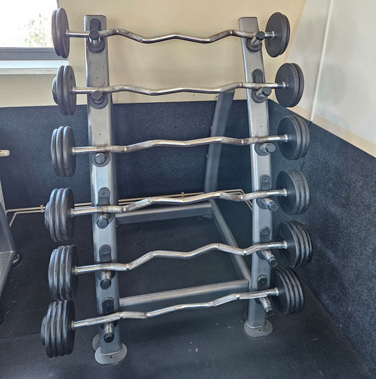 SZ Langhantel Kompakt Set 25kg bis 50kg in 5kg Schritten, 6 Stück gesamt, ähnlich Kurzhanteln mit SZ Stange, inkl. Ständer Elbesport, gebraucht mit Gebrauchsspuren