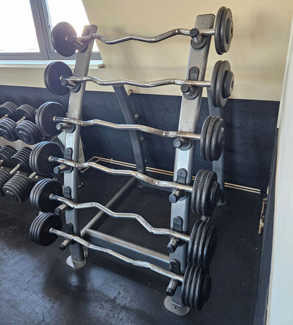 SZ Langhantel Kompakt Set 25kg bis 50kg in 5kg Schritten, 6 Stück gesamt, ähnlich Kurzhanteln mit SZ Stange, inkl. Ständer Elbesport, gebraucht mit Gebrauchsspuren
