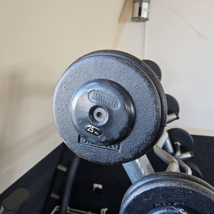 SZ Langhantel Kompakt Set 25kg bis 50kg in 5kg Schritten, 6 Stück gesamt, ähnlich Kurzhanteln mit SZ Stange, inkl. Ständer Elbesport, gebraucht mit Gebrauchsspuren