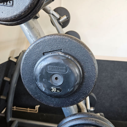 SZ Langhantel Kompakt Set 25kg bis 50kg in 5kg Schritten, 6 Stück gesamt, ähnlich Kurzhanteln mit SZ Stange, inkl. Ständer Elbesport, gebraucht mit Gebrauchsspuren