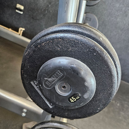 SZ Langhantel Kompakt Set 25kg bis 50kg in 5kg Schritten, 6 Stück gesamt, ähnlich Kurzhanteln mit SZ Stange, inkl. Ständer Elbesport, gebraucht mit Gebrauchsspuren