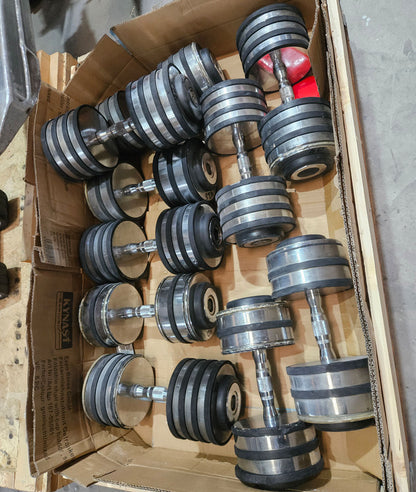 Kurzhantelsatz aus Guss bzw Chrom von 40 bis 50kg in 2,5kg Stufen ( 5 Paare ) Oldschool, gebraucht - mit Gebrauchsspuren