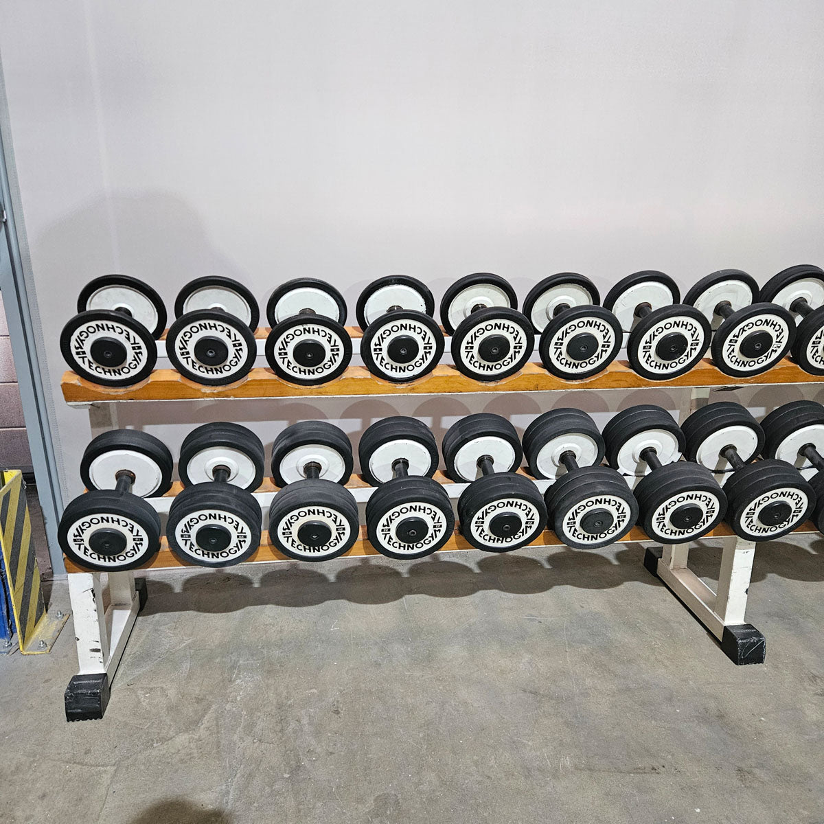 Technogym Kurzhantelsatz aus Guss mit Gummi Außenringen von 4 bis 32kg in 2kg Stufen ( 15 Paare ) Oldschool, Optional mit Kurzhantelablage, gebraucht - mit Gebrauchsspuren