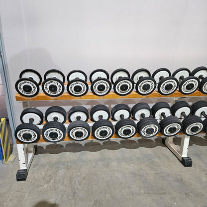 Technogym Kurzhantelsatz aus Guss mit Gummi Außenringen von 4 bis 32kg in 2kg Stufen ( 15 Paare ) Oldschool, Optional mit Kurzhantelablage, gebraucht - mit Gebrauchsspuren