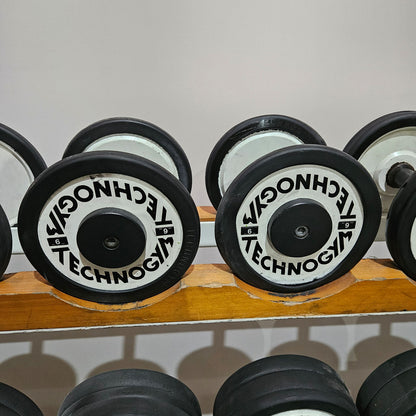 Technogym Kurzhantelsatz aus Guss mit Gummi Außenringen von 4 bis 32kg in 2kg Stufen ( 15 Paare ) Oldschool, Optional mit Kurzhantelablage, gebraucht - mit Gebrauchsspuren