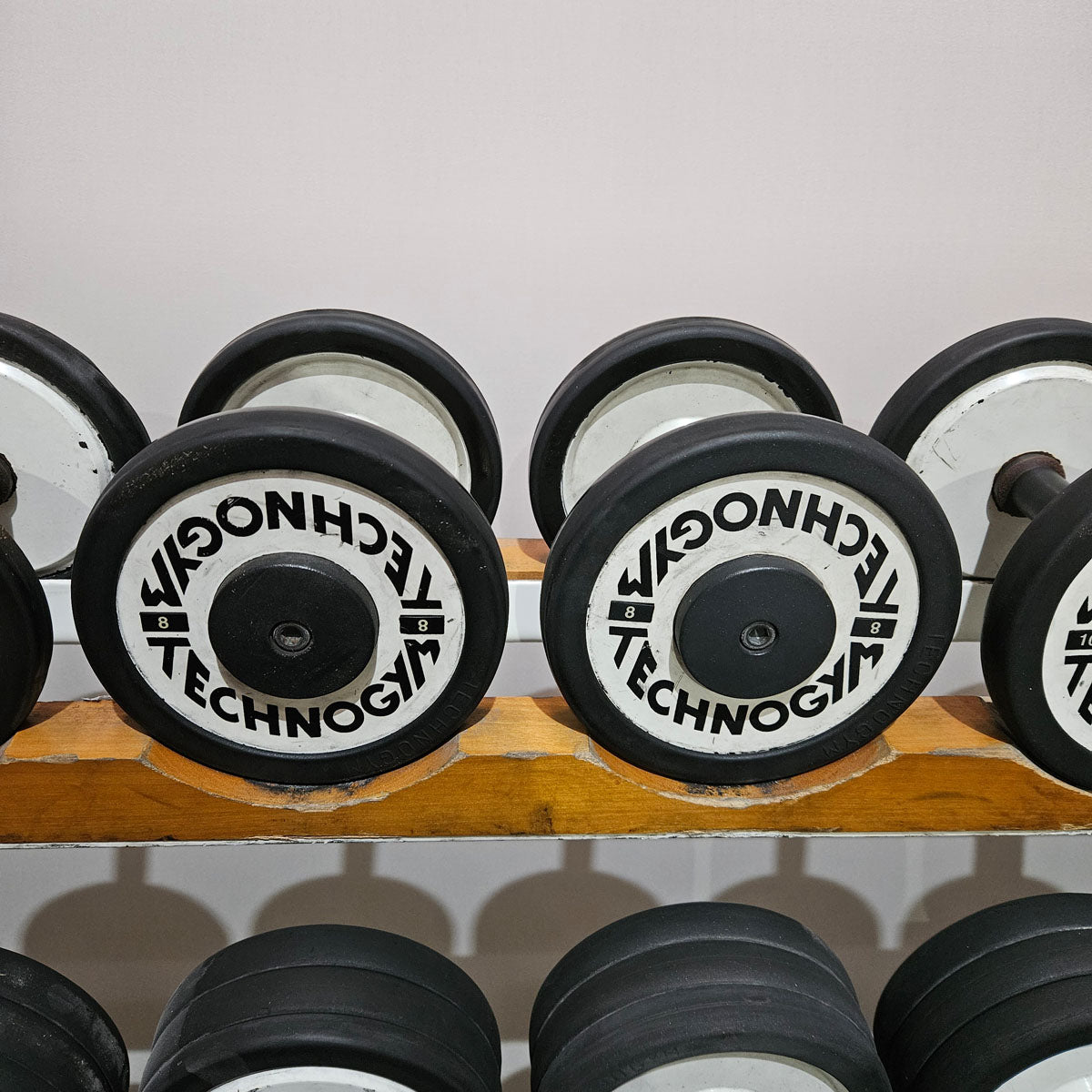Technogym Kurzhantelsatz aus Guss mit Gummi Außenringen von 4 bis 32kg in 2kg Stufen ( 15 Paare ) Oldschool, Optional mit Kurzhantelablage, gebraucht - mit Gebrauchsspuren