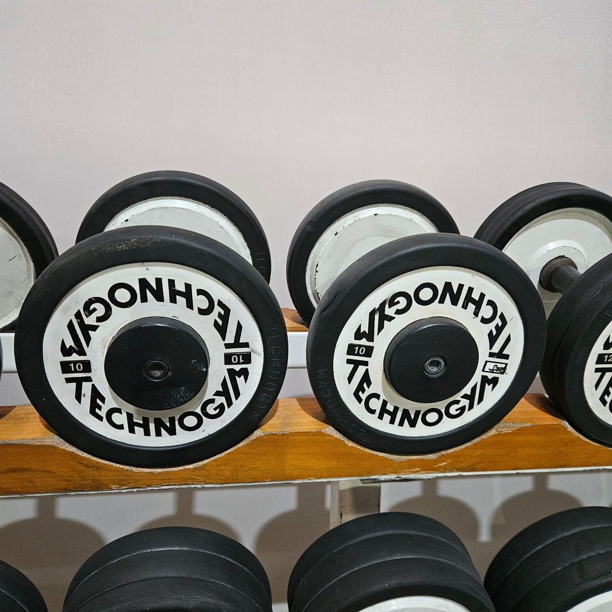 Technogym Kurzhantelsatz aus Guss mit Gummi Außenringen von 4 bis 32kg in 2kg Stufen ( 15 Paare ) Oldschool, Optional mit Kurzhantelablage, gebraucht - mit Gebrauchsspuren