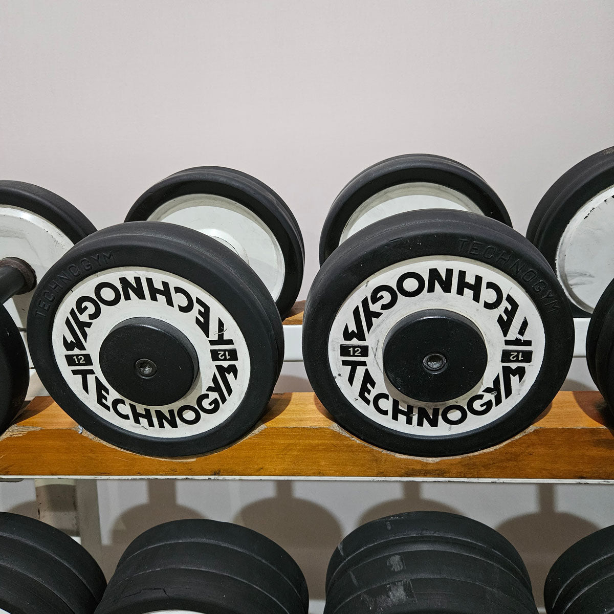 Technogym Kurzhantelsatz aus Guss mit Gummi Außenringen von 4 bis 32kg in 2kg Stufen ( 15 Paare ) Oldschool, Optional mit Kurzhantelablage, gebraucht - mit Gebrauchsspuren