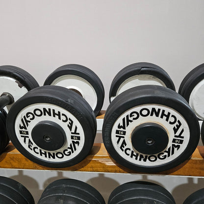 Technogym Kurzhantelsatz aus Guss mit Gummi Außenringen von 4 bis 32kg in 2kg Stufen ( 15 Paare ) Oldschool, Optional mit Kurzhantelablage, gebraucht - mit Gebrauchsspuren
