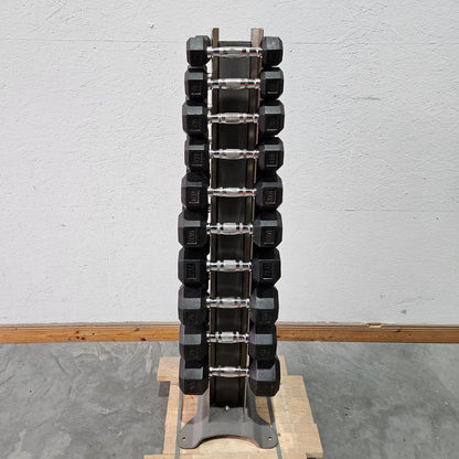 Rubber HEX dumbbell set pairs 1-10 kg, 10 pairs including stand from Gymleco, frame color anthracite, hexagonal dumbbells, used with signs of wear