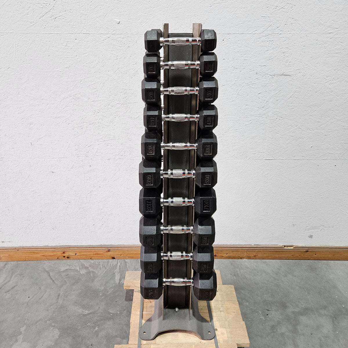 Rubber HEX dumbbell set pairs 1-10 kg, 10 pairs including stand from Gymleco, frame color anthracite, hexagonal dumbbells, used with signs of wear