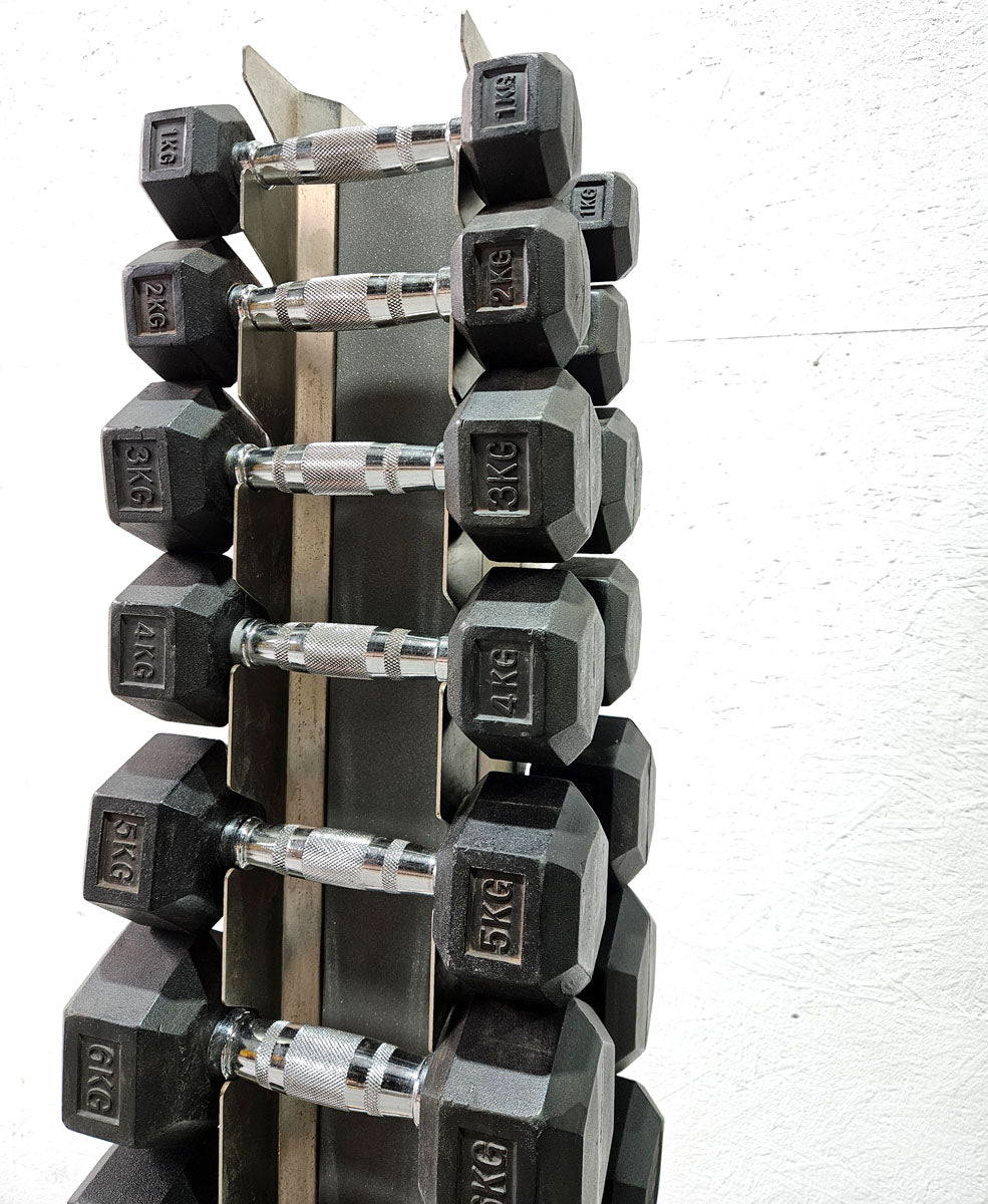 Rubber HEX dumbbell set pairs 1-10 kg, 10 pairs including stand from Gymleco, frame color anthracite, hexagonal dumbbells, used with signs of wear