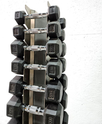 Rubber HEX dumbbell set pairs 1-10 kg, 10 pairs including stand from Gymleco, frame color anthracite, hexagonal dumbbells, used with signs of wear