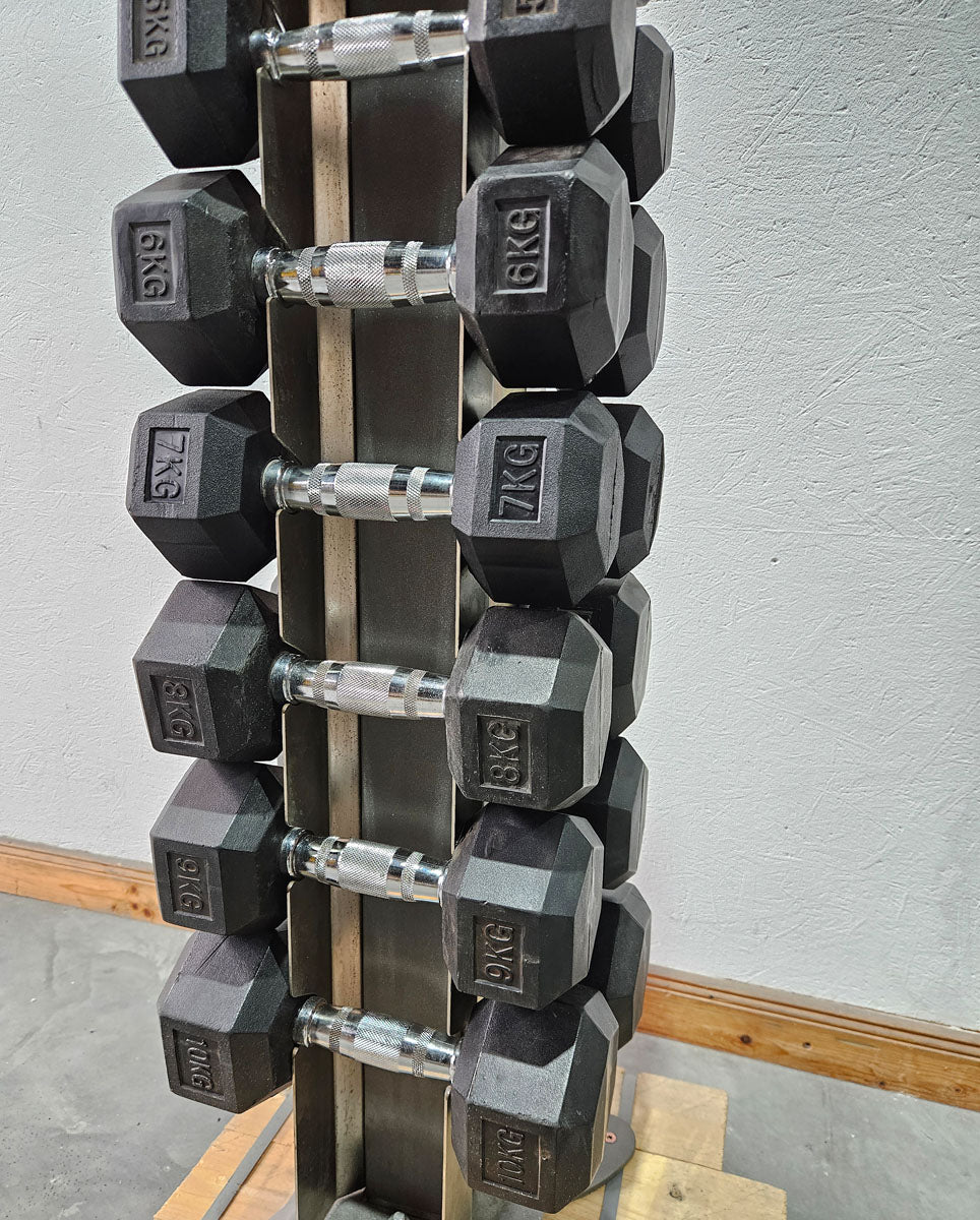 Rubber HEX dumbbell set pairs 1-10 kg, 10 pairs including stand from Gymleco, frame color anthracite, hexagonal dumbbells, used with signs of wear