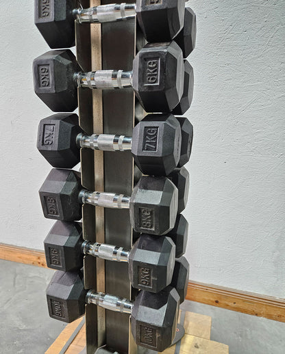 Rubber HEX dumbbell set pairs 1-10 kg, 10 pairs including stand from Gymleco, frame color anthracite, hexagonal dumbbells, used with signs of wear
