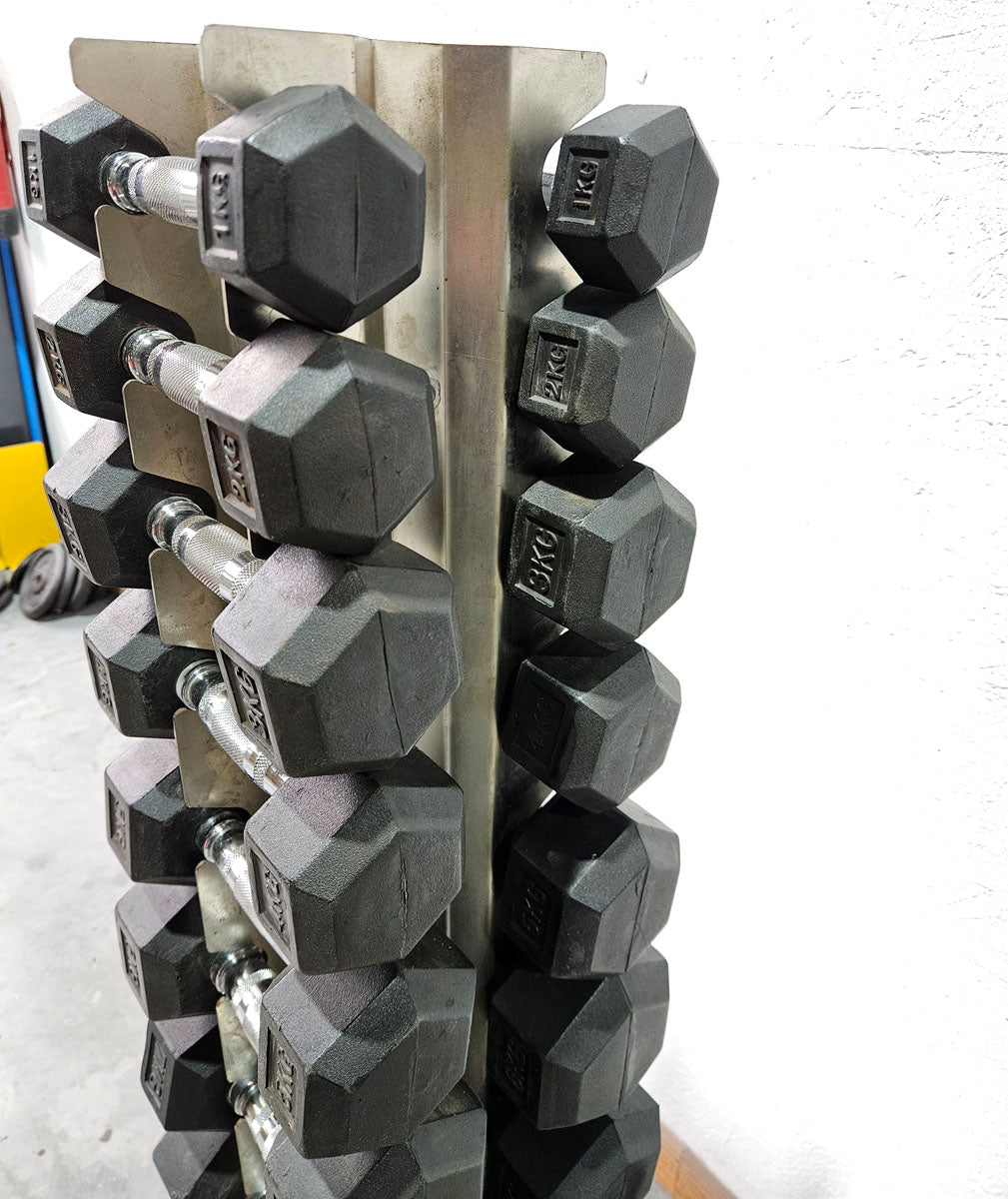 Rubber HEX dumbbell set pairs 1-10 kg, 10 pairs including stand from Gymleco, frame color anthracite, hexagonal dumbbells, used with signs of wear